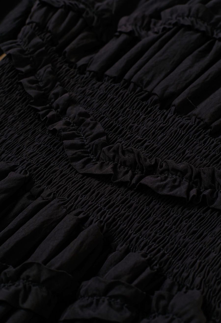 Ruffle Accent Short Sleeve Shirred Maxi Dress in Black