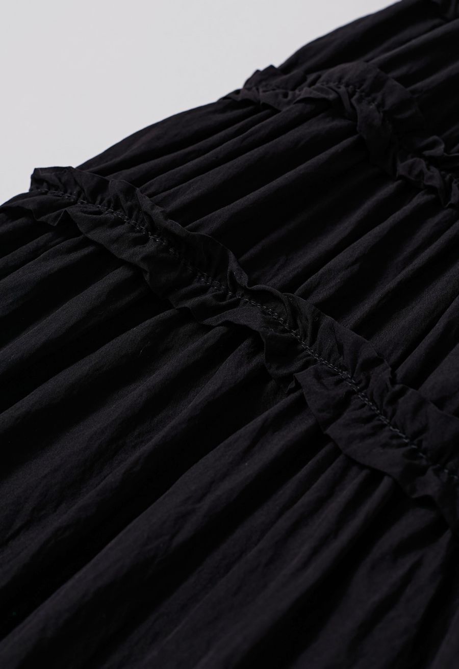 Ruffle Accent Short Sleeve Shirred Maxi Dress in Black