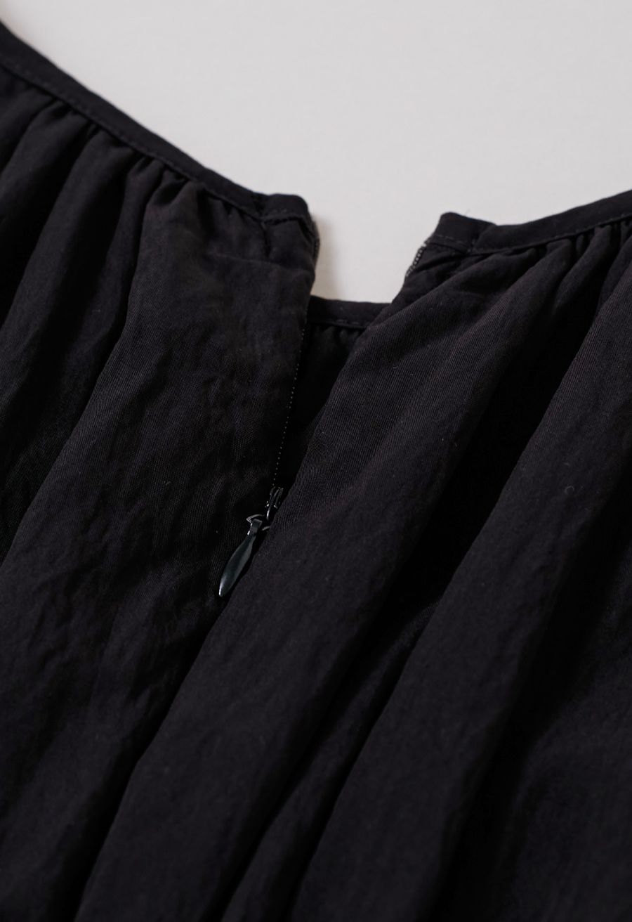 Ruffle Accent Short Sleeve Shirred Maxi Dress in Black
