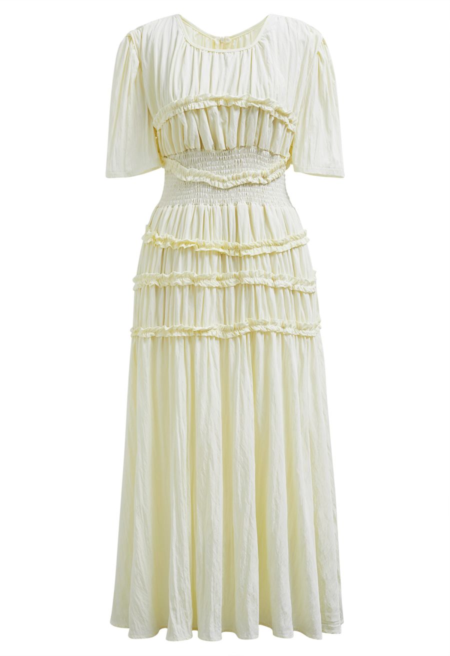 Ruffle Accent Short Sleeve Shirred Maxi Dress in Light Yellow