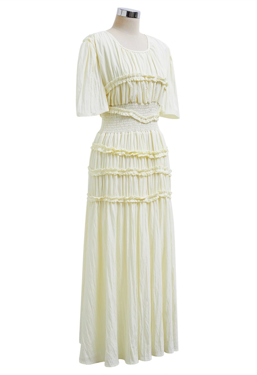 Ruffle Accent Short Sleeve Shirred Maxi Dress in Light Yellow