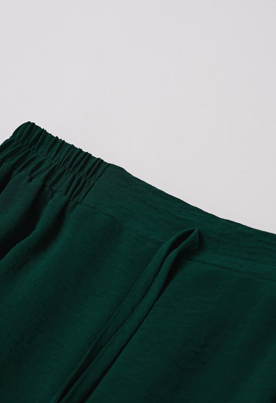 Crochet Sleeveless Top and Drawstring Pants Set in Dark Green