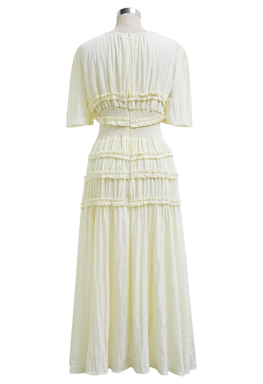 Ruffle Accent Short Sleeve Shirred Maxi Dress in Light Yellow
