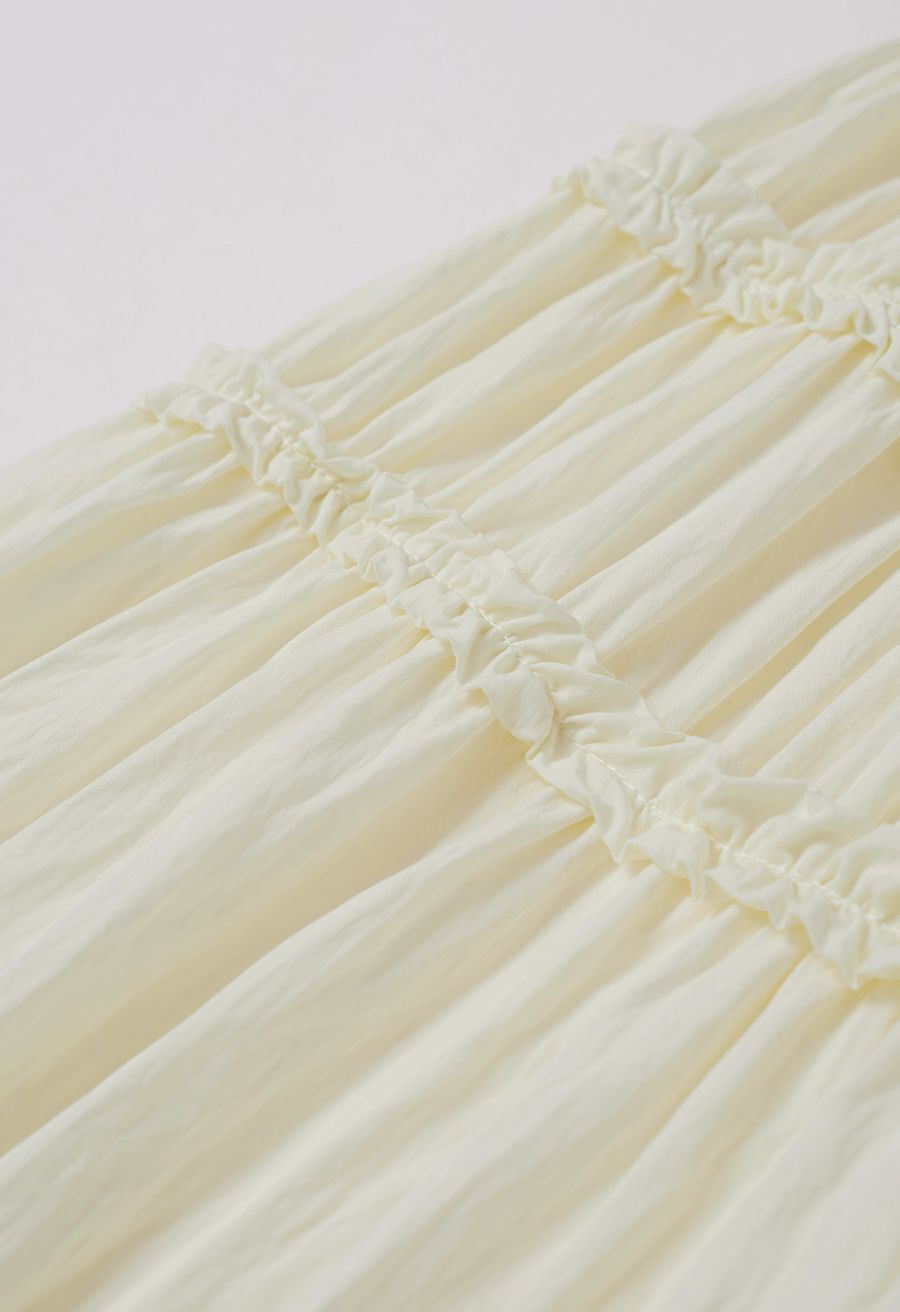 Ruffle Accent Short Sleeve Shirred Maxi Dress in Light Yellow