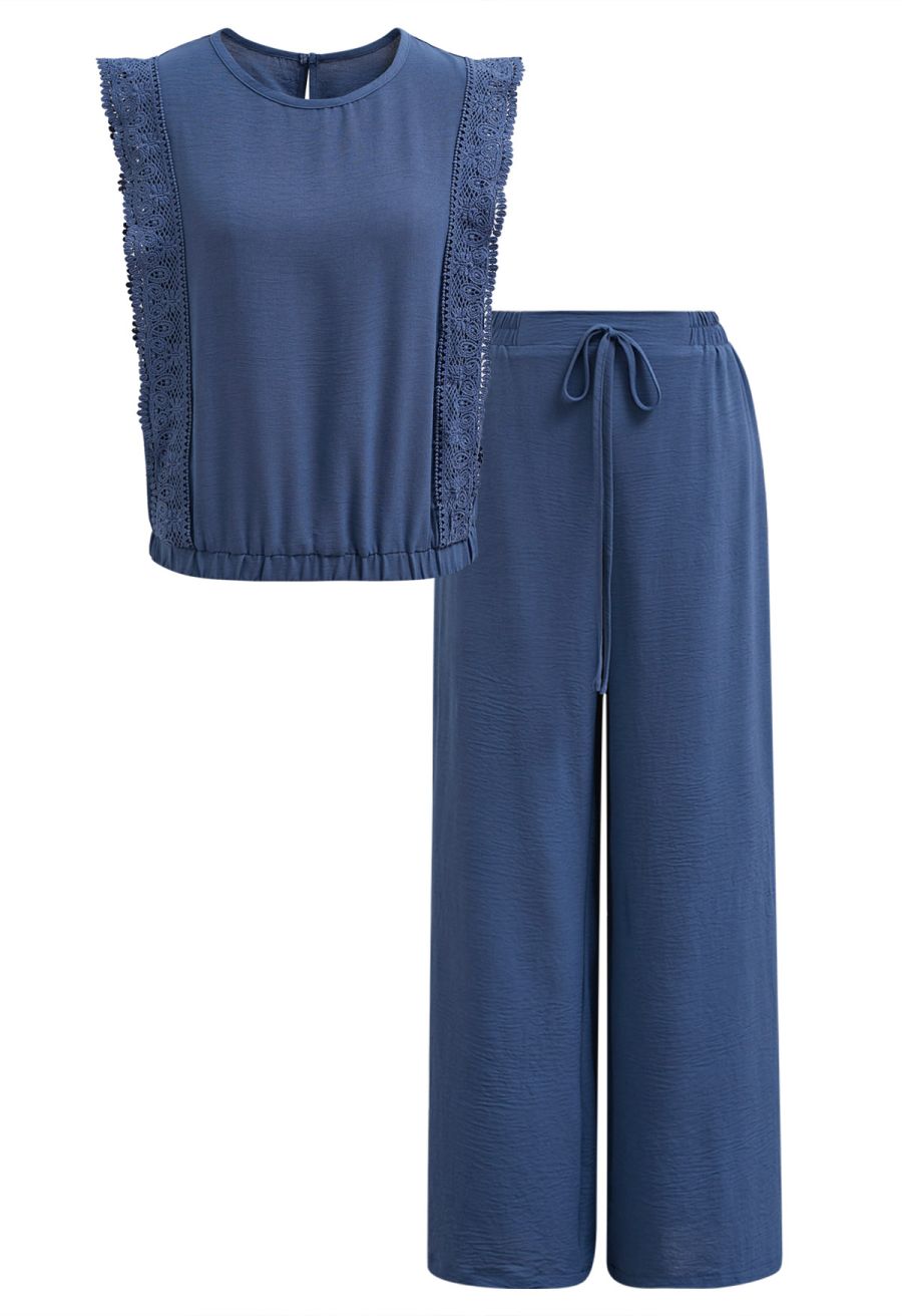 Crochet Sleeveless Top and Drawstring Pants Set in Navy