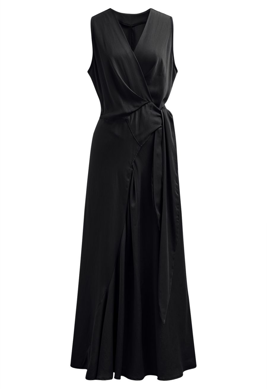 Vintage Elegance Wrap Front Sleeveless Maxi Dress in Black