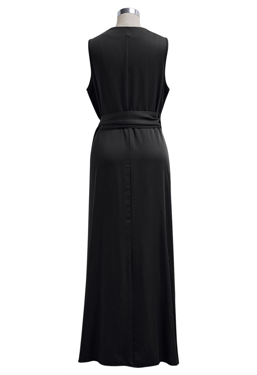 Vintage Elegance Wrap Front Sleeveless Maxi Dress in Black