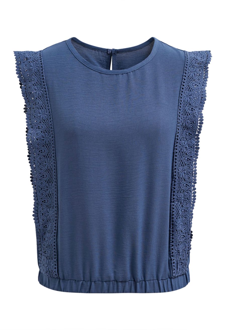 Crochet Sleeveless Top and Drawstring Pants Set in Navy