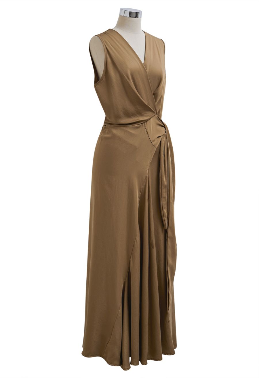 Vintage Elegance Wrap Front Sleeveless Maxi Dress in Brown