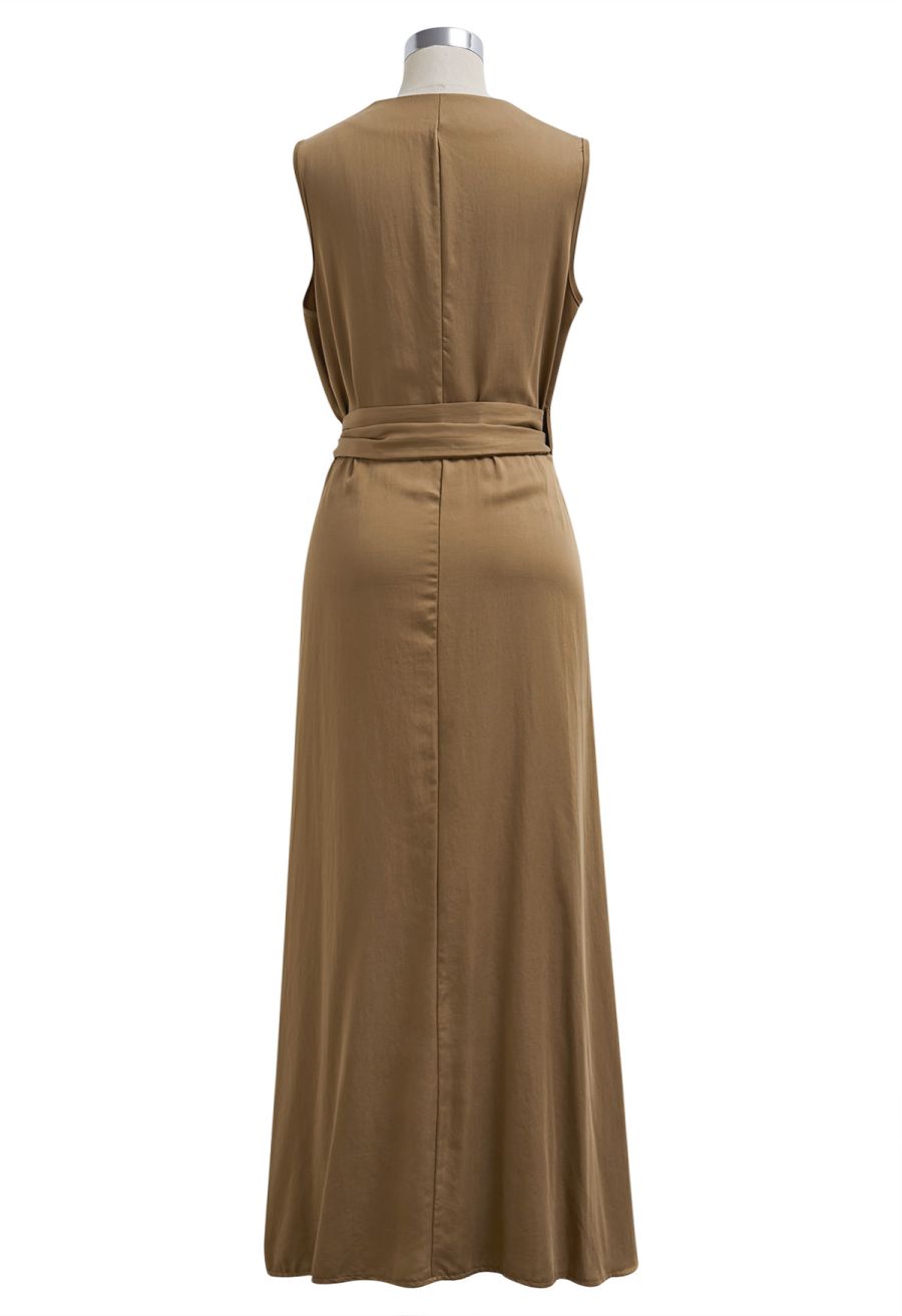 Vintage Elegance Wrap Front Sleeveless Maxi Dress in Brown