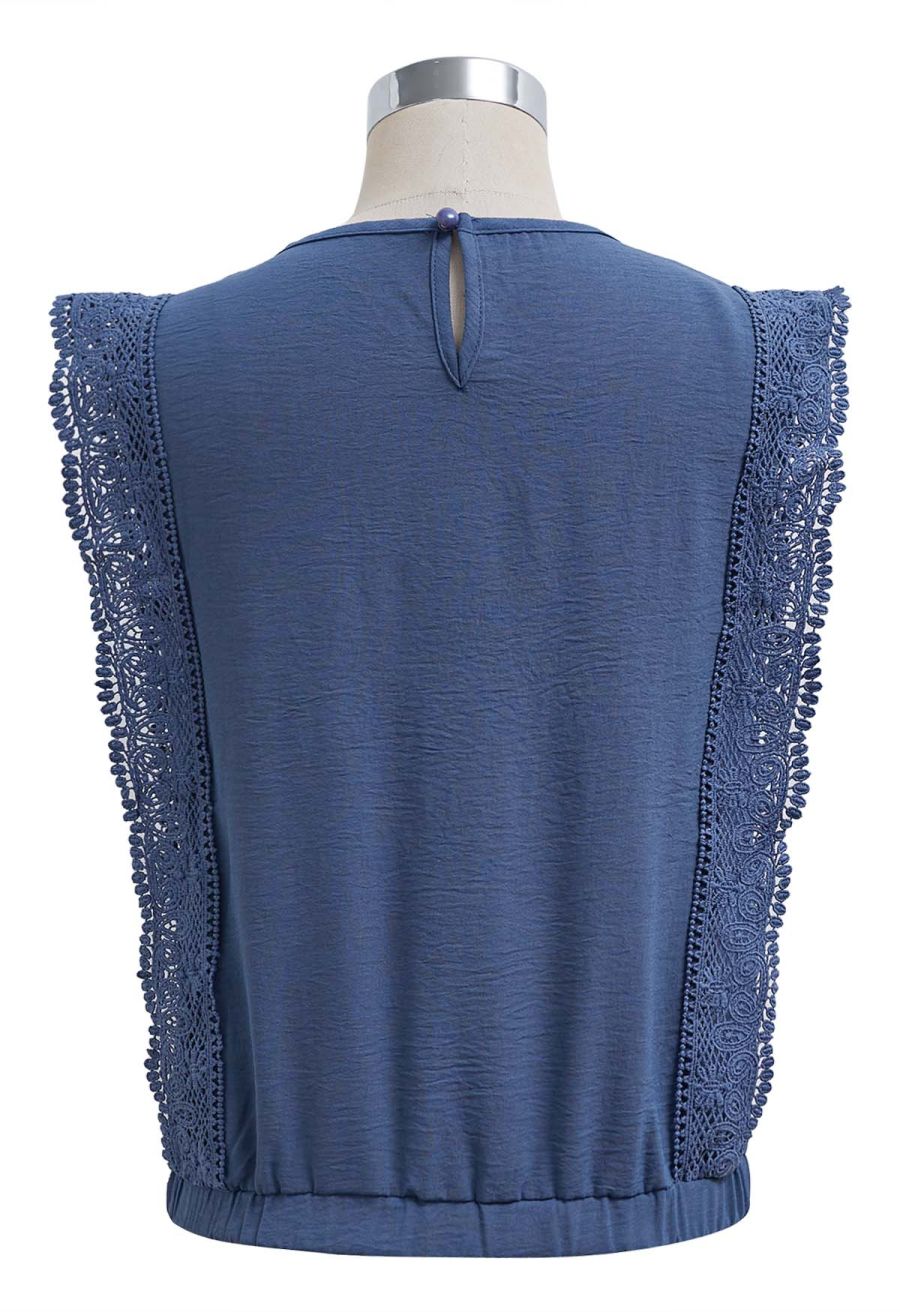 Crochet Sleeveless Top and Drawstring Pants Set in Navy