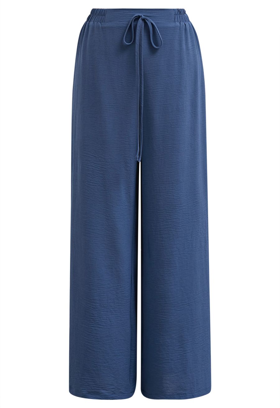 Crochet Sleeveless Top and Drawstring Pants Set in Navy
