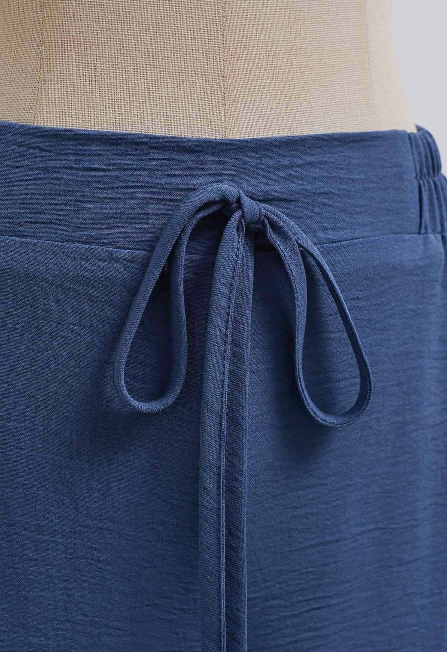 Crochet Sleeveless Top and Drawstring Pants Set in Navy