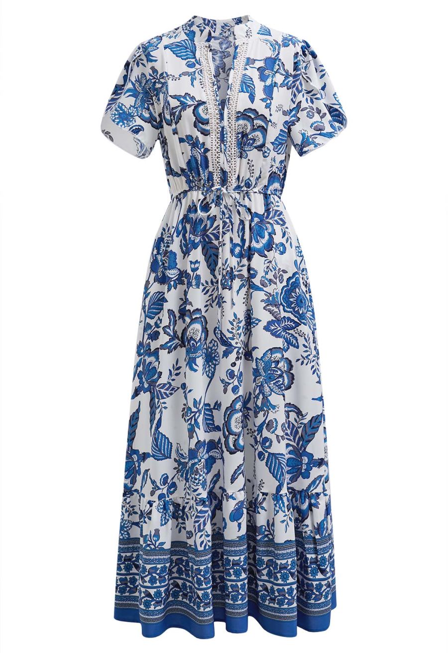Blue Blossom Notch Neckline Frilling Dress