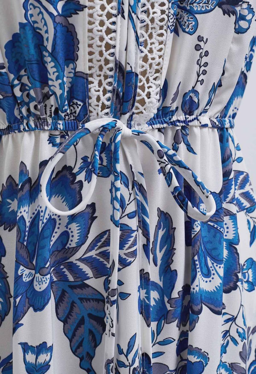 Blue Blossom Notch Neckline Frilling Dress