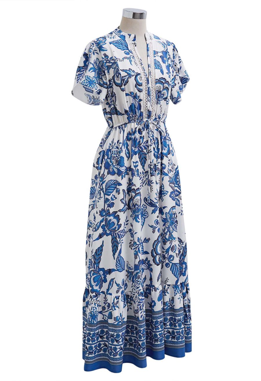 Blue Blossom Notch Neckline Frilling Dress