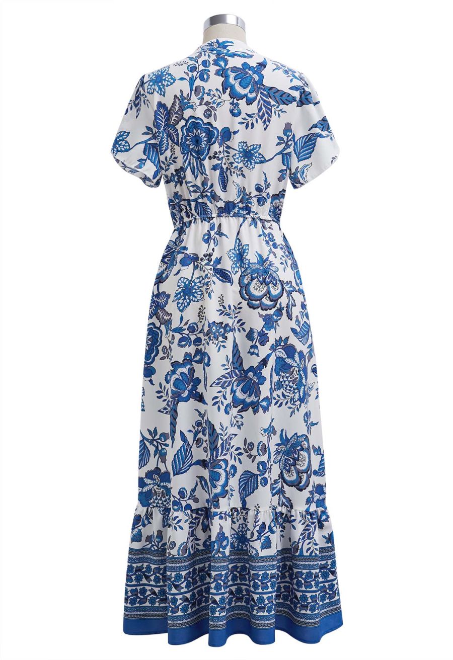 Blue Blossom Notch Neckline Frilling Dress