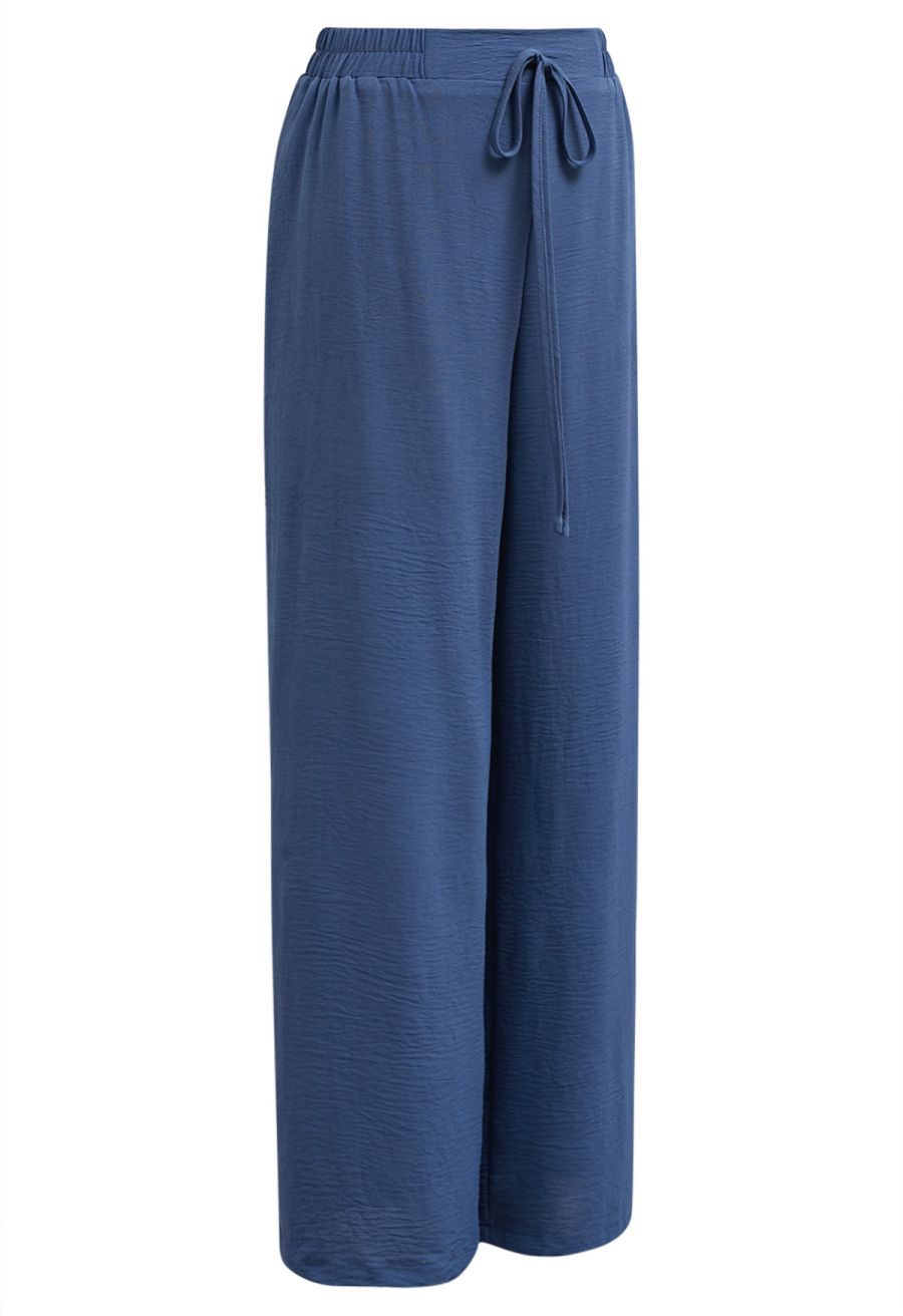 Crochet Sleeveless Top and Drawstring Pants Set in Navy