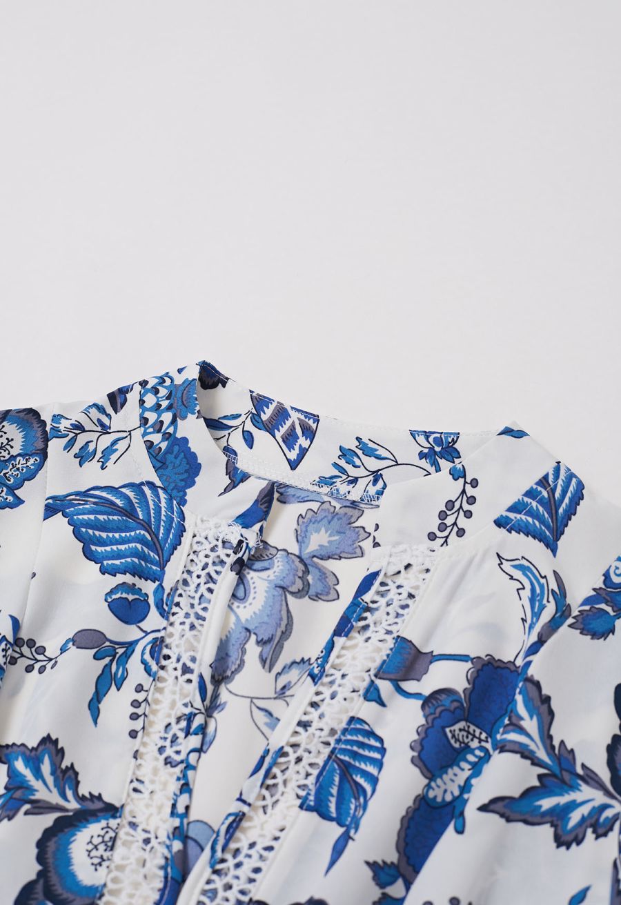 Blue Blossom Notch Neckline Frilling Dress