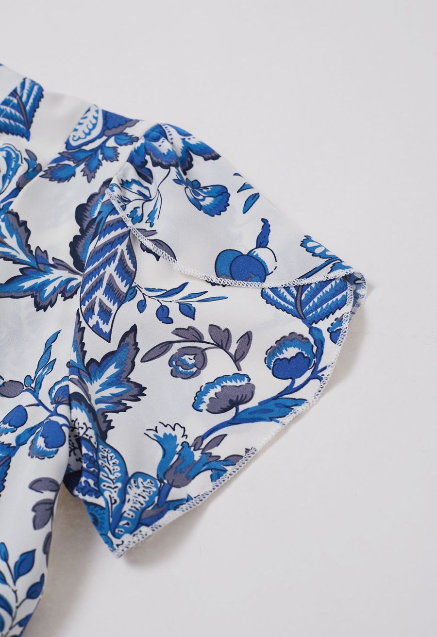Blue Blossom Notch Neckline Frilling Dress