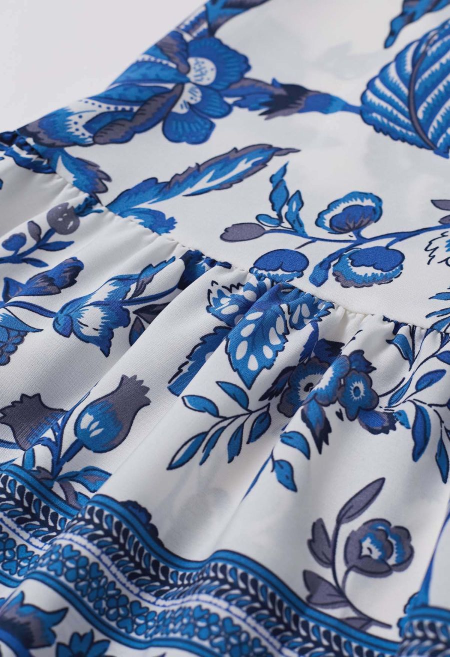 Blue Blossom Notch Neckline Frilling Dress