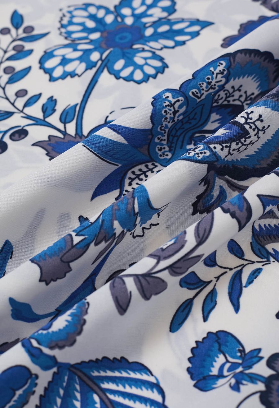 Blue Blossom Notch Neckline Frilling Dress