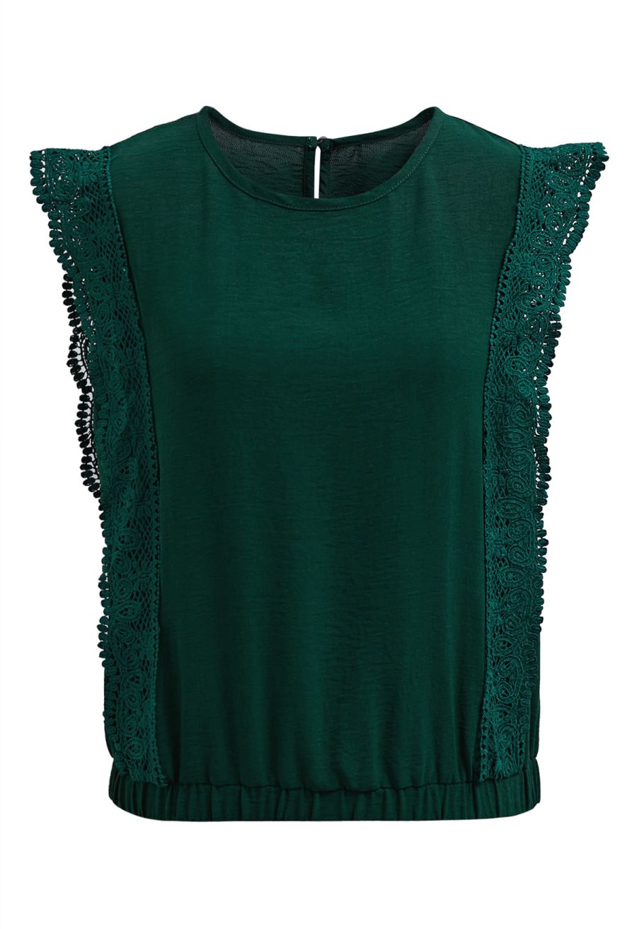 Crochet Sleeveless Top and Drawstring Pants Set in Dark Green