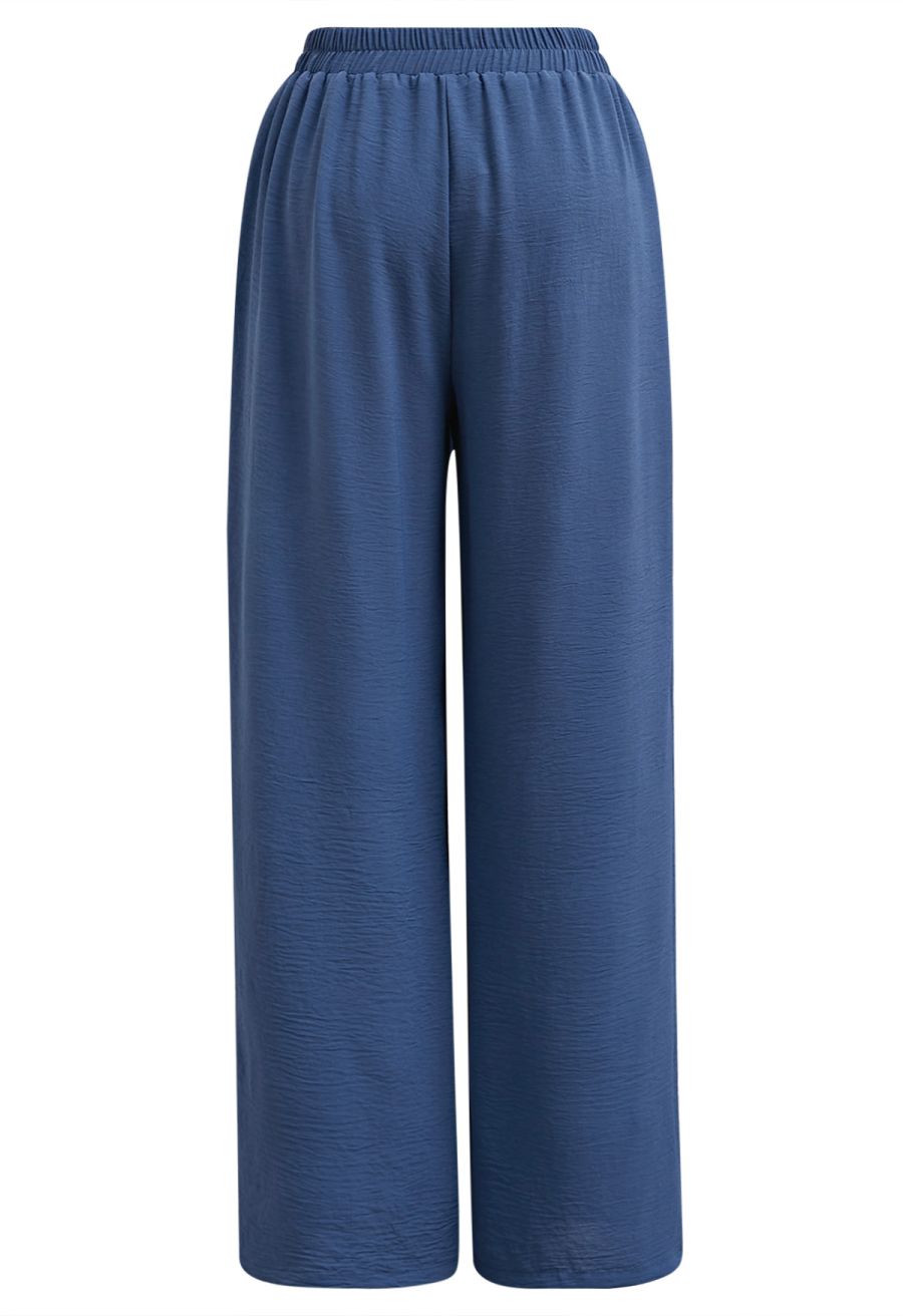 Crochet Sleeveless Top and Drawstring Pants Set in Navy