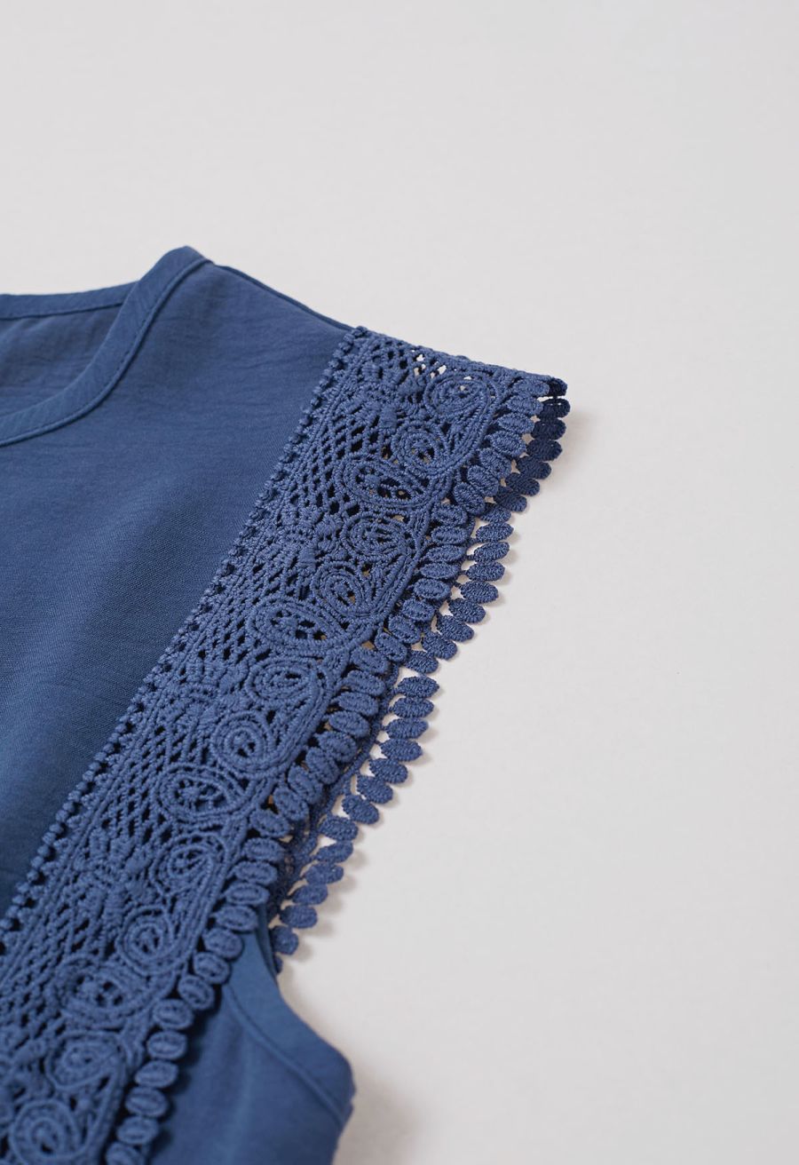 Crochet Sleeveless Top and Drawstring Pants Set in Navy