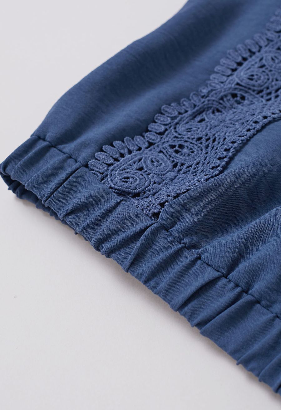 Crochet Sleeveless Top and Drawstring Pants Set in Navy