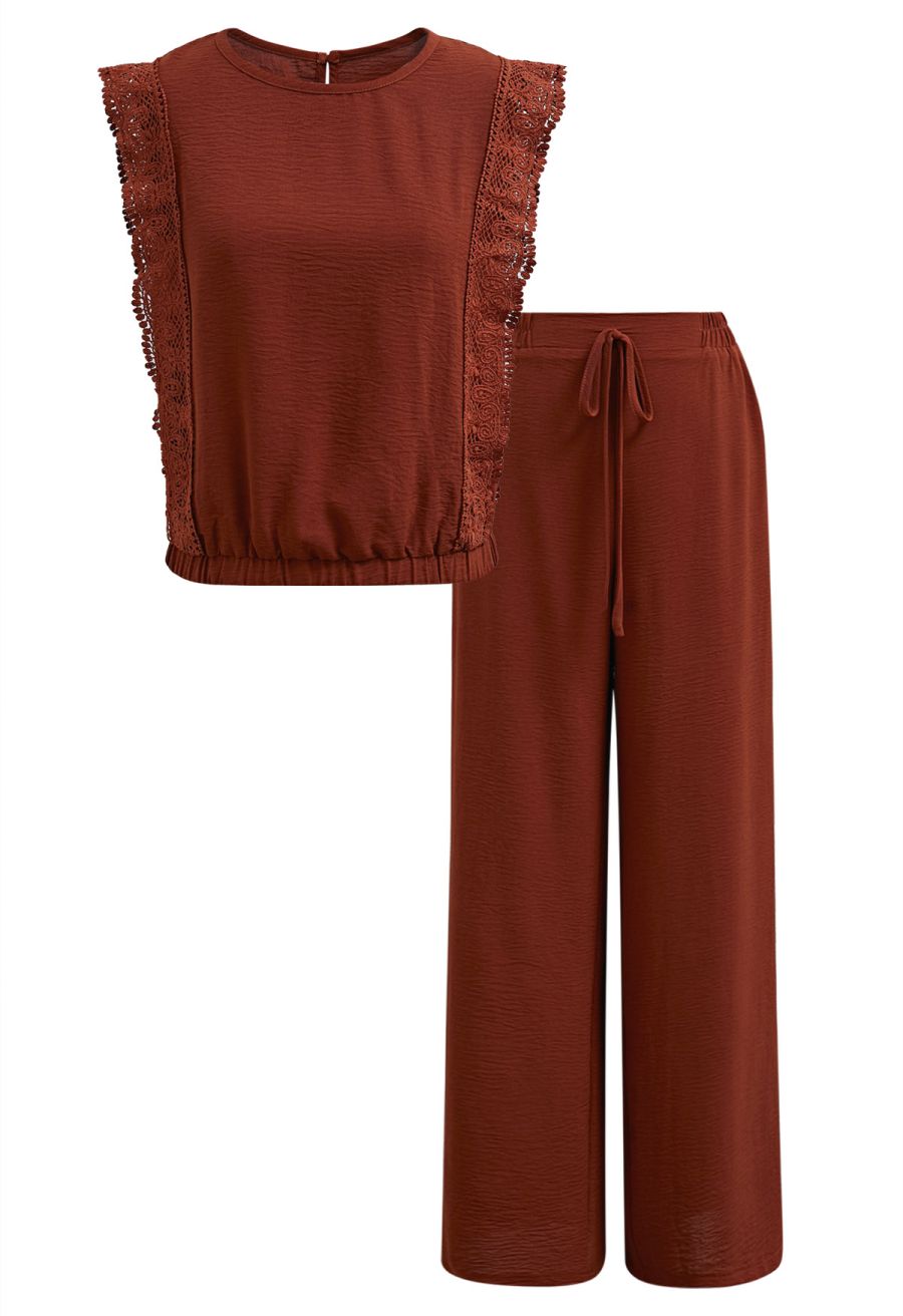 Crochet Sleeveless Top and Drawstring Pants Set in Rust