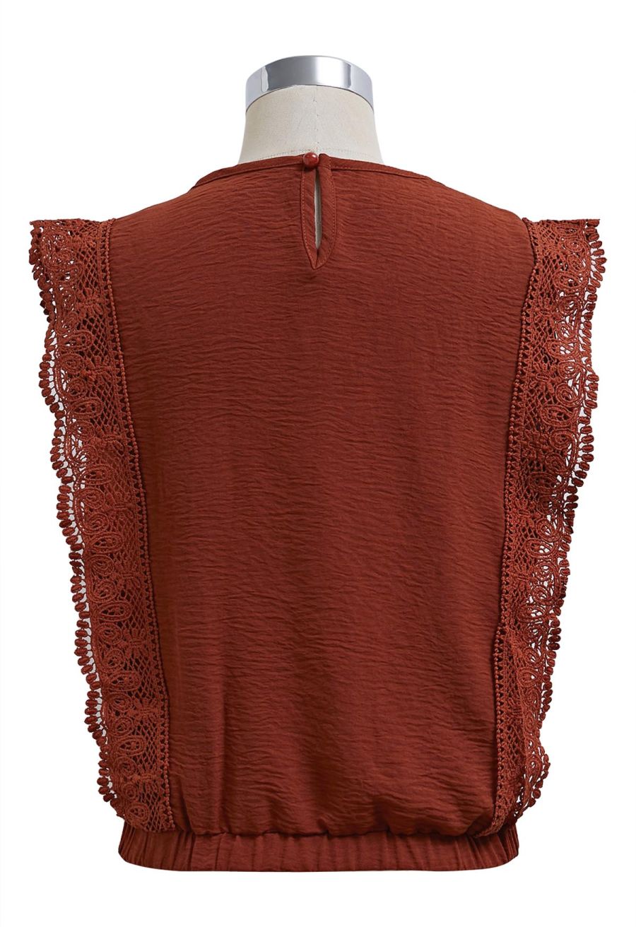 Crochet Sleeveless Top and Drawstring Pants Set in Rust