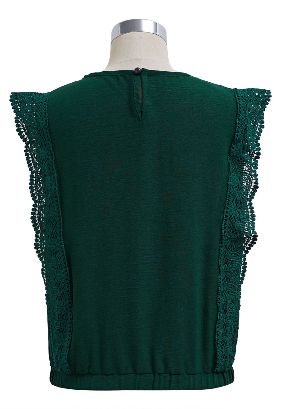 Crochet Sleeveless Top and Drawstring Pants Set in Dark Green