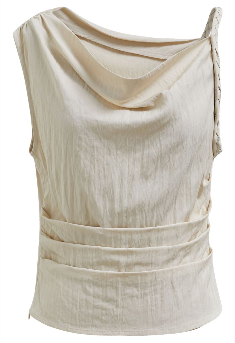 Asymmetric Shoulder Ruched Top and Wide-Leg Pants Set in Cream