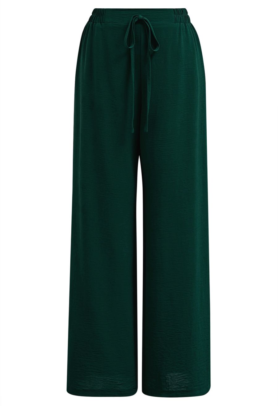 Crochet Sleeveless Top and Drawstring Pants Set in Dark Green