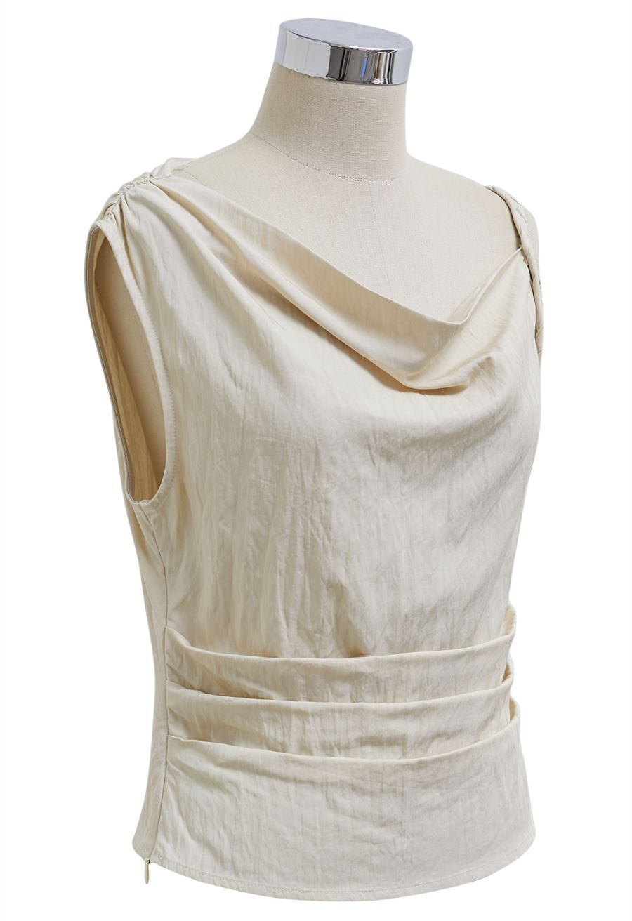 Asymmetric Shoulder Ruched Top and Wide-Leg Pants Set in Cream