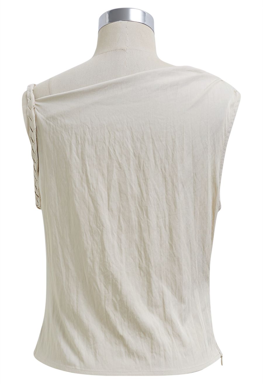 Asymmetric Shoulder Ruched Top and Wide-Leg Pants Set in Cream
