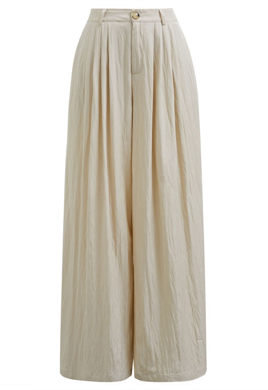 Asymmetric Shoulder Ruched Top and Wide-Leg Pants Set in Cream