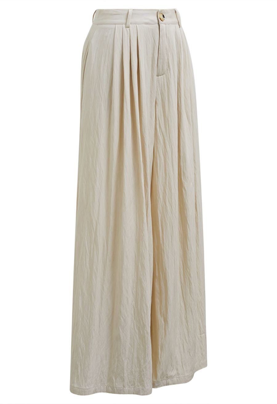 Asymmetric Shoulder Ruched Top and Wide-Leg Pants Set in Cream