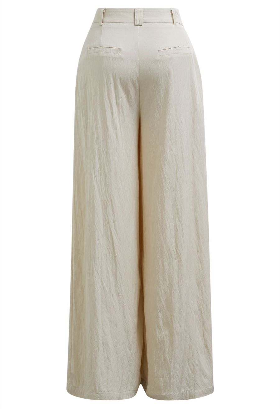 Asymmetric Shoulder Ruched Top and Wide-Leg Pants Set in Cream