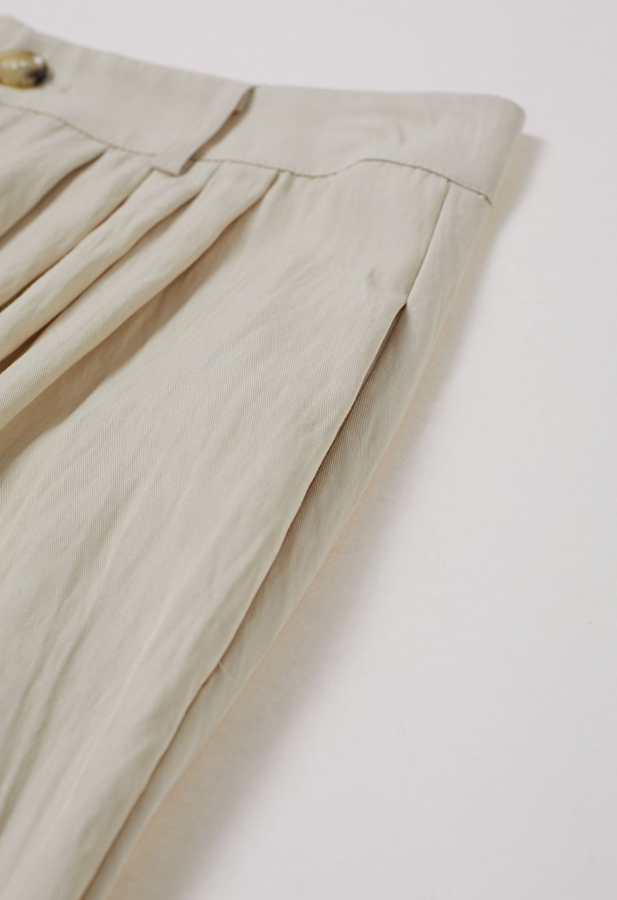 Asymmetric Shoulder Ruched Top and Wide-Leg Pants Set in Cream