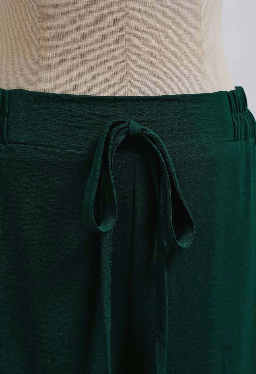 Crochet Sleeveless Top and Drawstring Pants Set in Dark Green