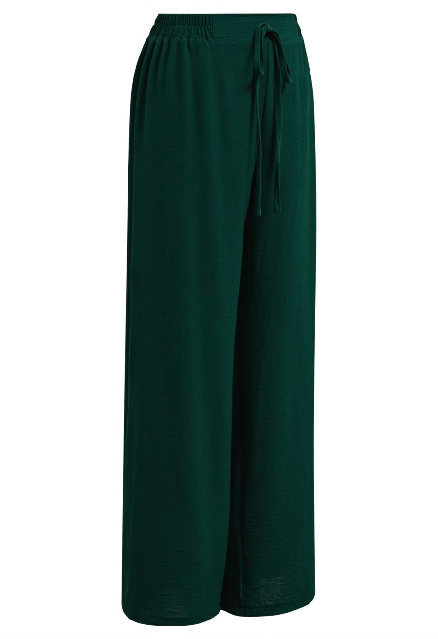 Crochet Sleeveless Top and Drawstring Pants Set in Dark Green