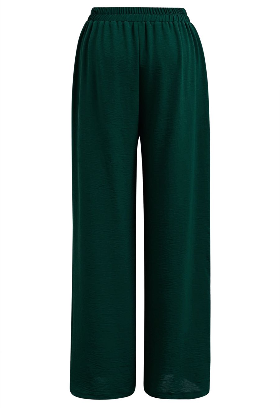 Crochet Sleeveless Top and Drawstring Pants Set in Dark Green