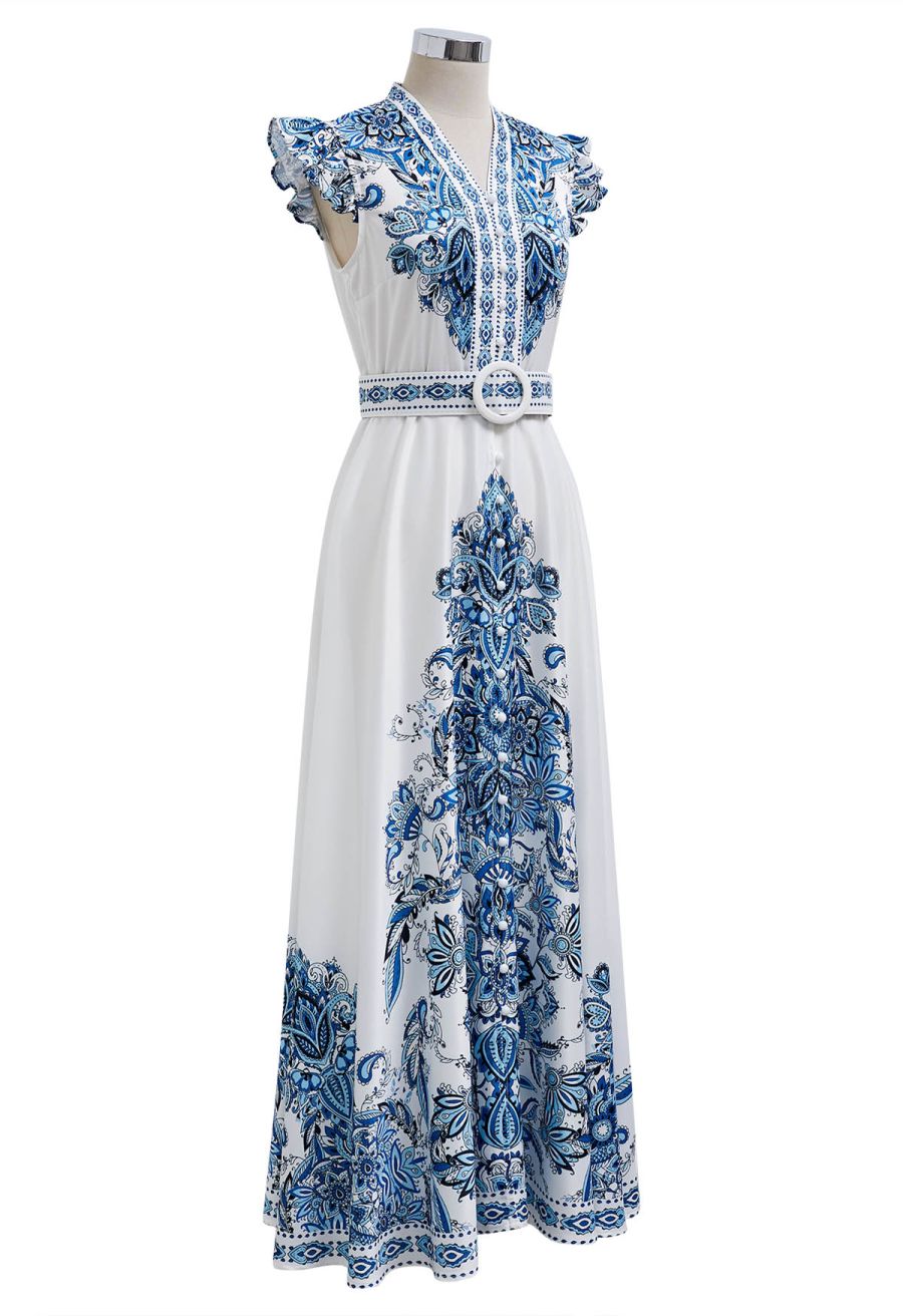 Floral Tile Printed Button Down Sleeveless Maxi Dress