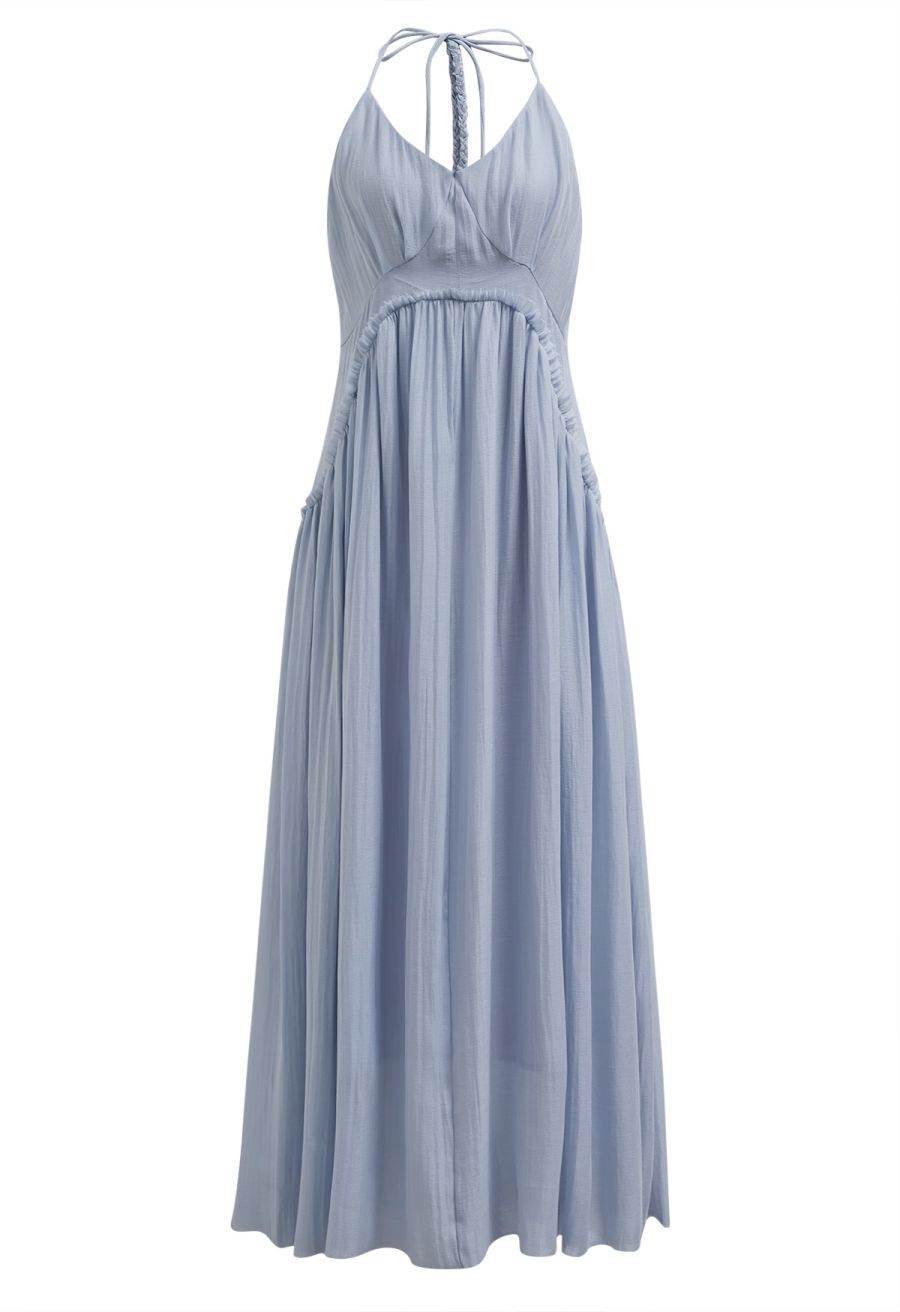 Open Back Ruffle Halter Neck Maxi Dress in Dusty Blue