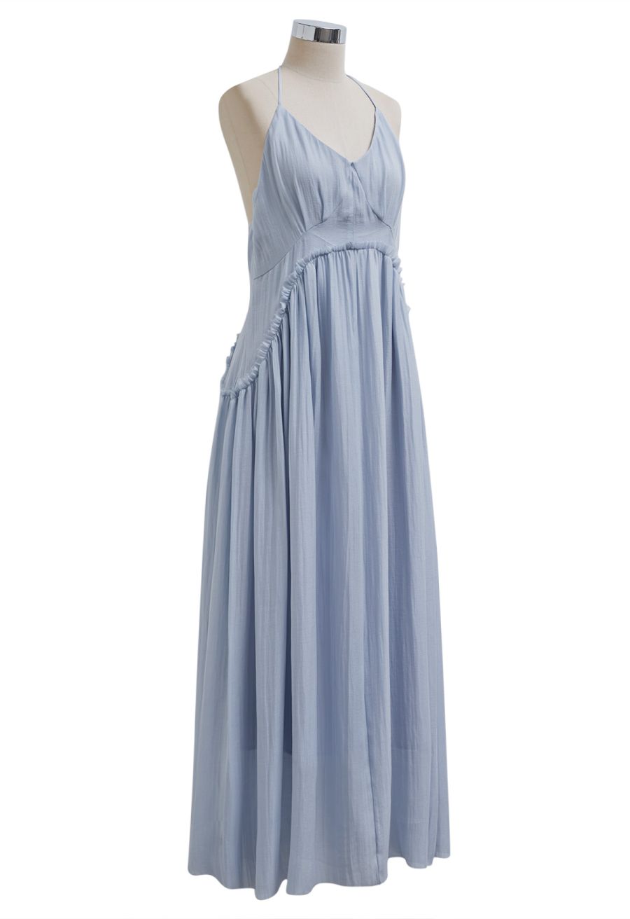 Open Back Ruffle Halter Neck Maxi Dress in Dusty Blue