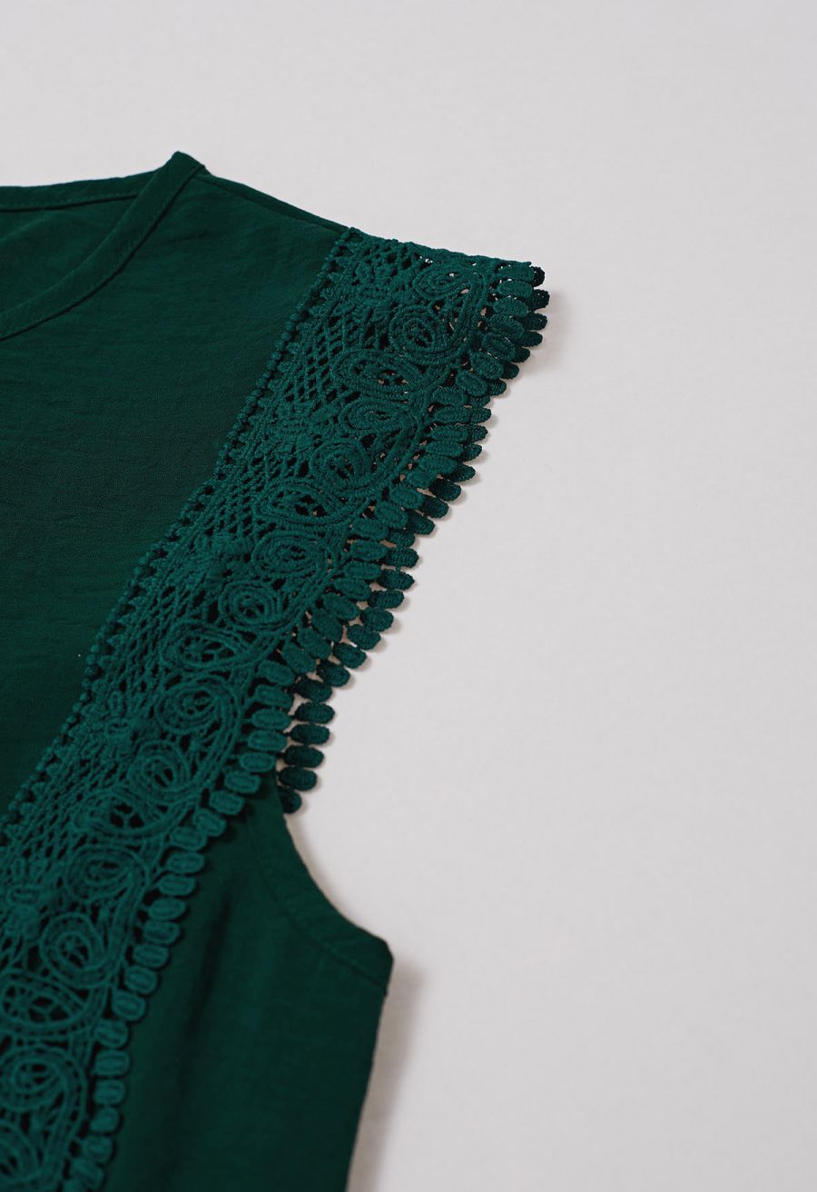 Crochet Sleeveless Top and Drawstring Pants Set in Dark Green