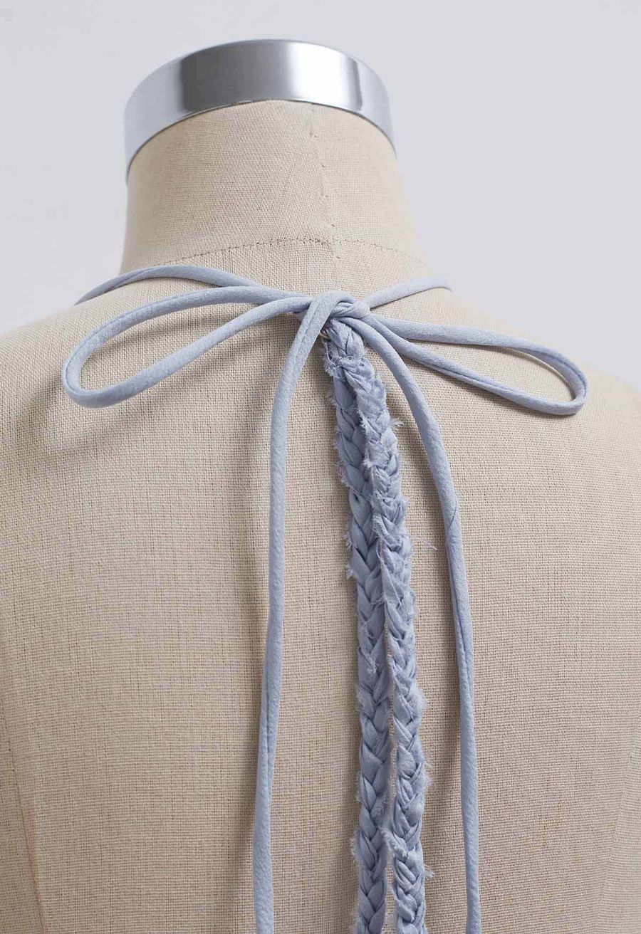 Open Back Ruffle Halter Neck Maxi Dress in Dusty Blue