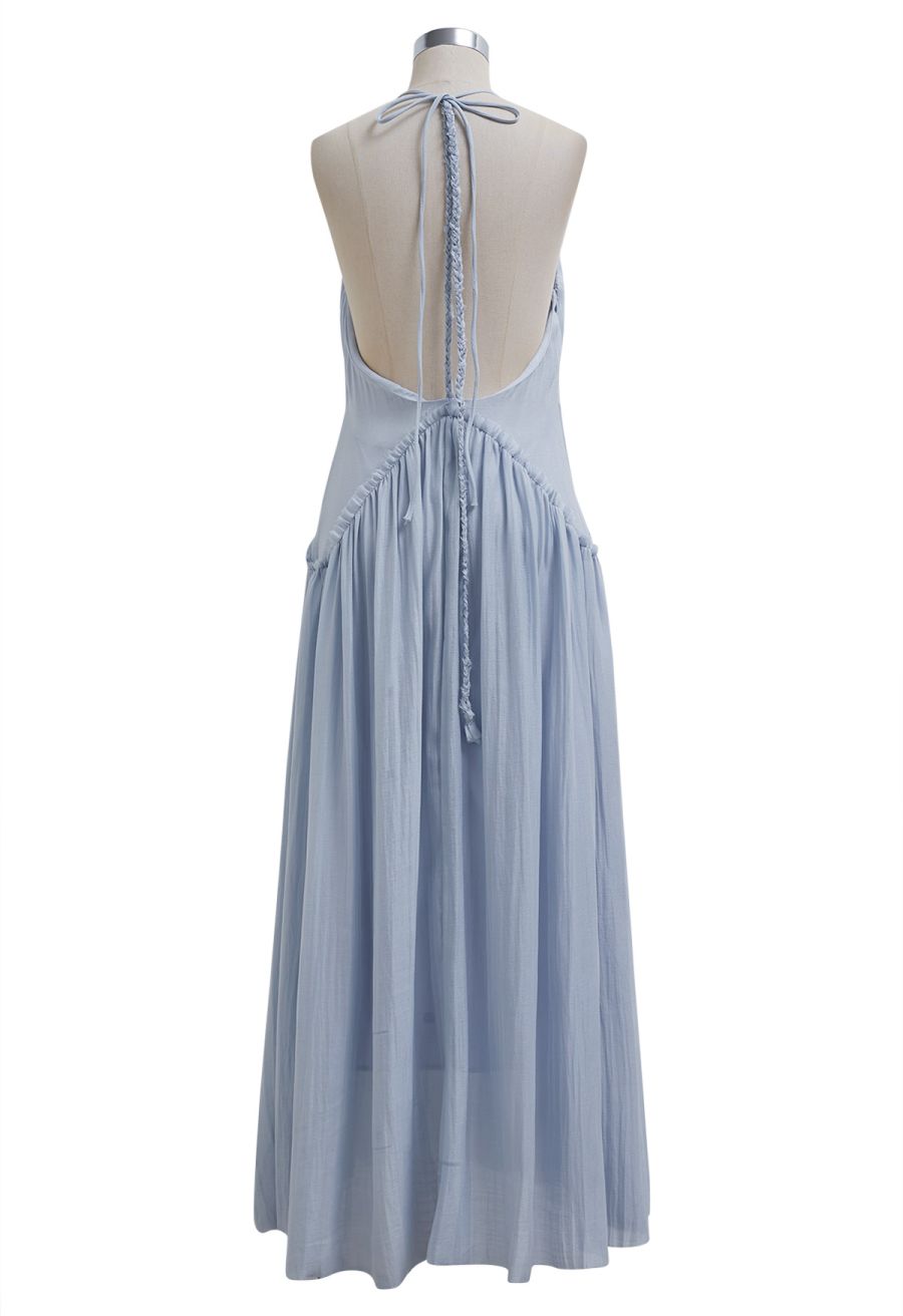 Open Back Ruffle Halter Neck Maxi Dress in Dusty Blue